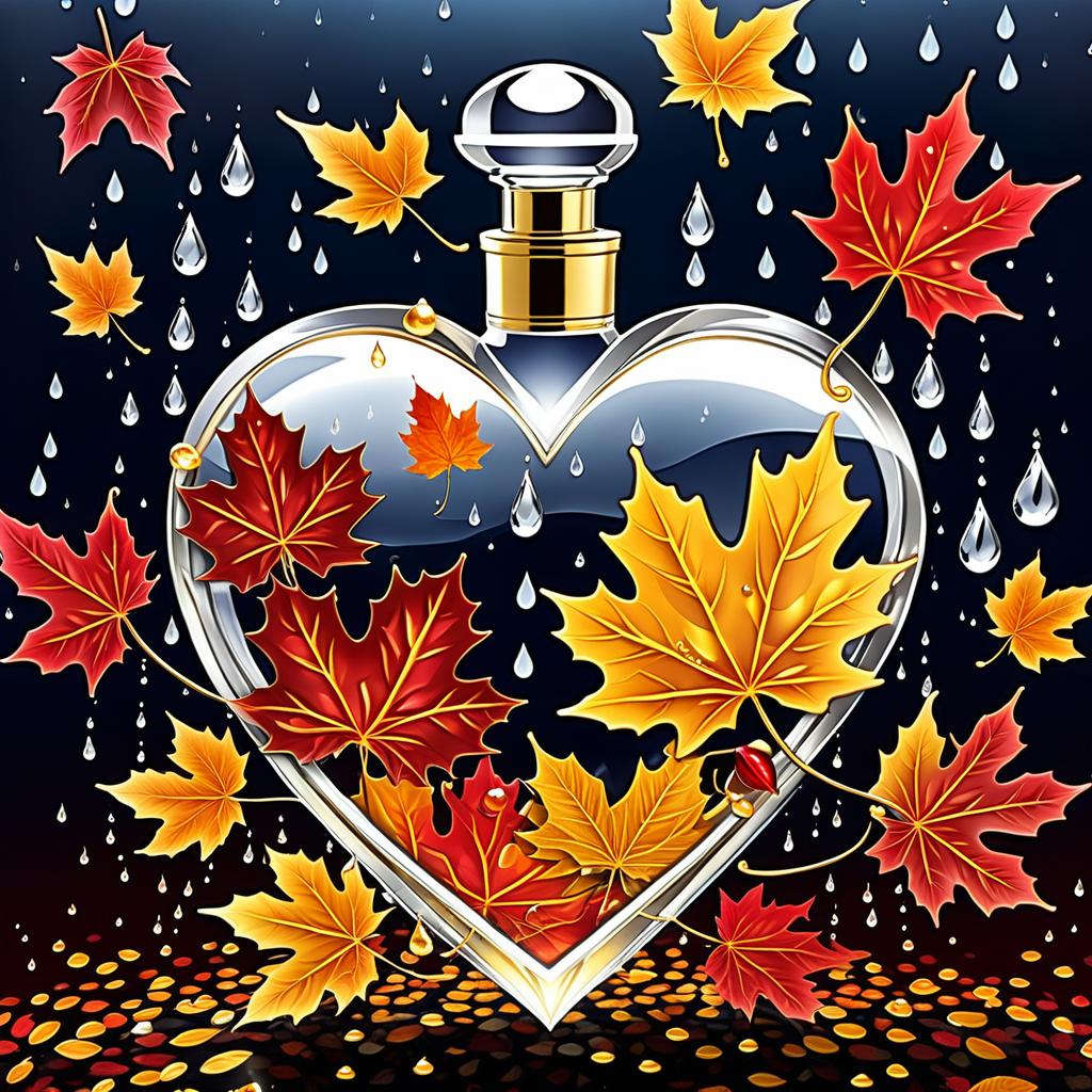  luxury product style a time for sad poems, vermouth and umbrellas. in a cloud of tart spirits autumn has come to moscow. (postcard background). elegant single transparent (unusual) perfume bottle (diamond shaped: 1.4), (bright gold liquid: 1.8), large bright rose, (scarlet: 1.3) misty fractal swirls, silver and (silver: 1.4) accents. (rain jets and raindrops), plasticity,falling maple leaves, raindrops, autumn fog, perfume bottle. "autumn romance", vintage, greeting card. autumn in the heart, (beautiful couple):man and woman, two faces in profile created from raindrops, heart (heart), beautiful figure made of maple leaves outlines in the shape of a heart. (heart colour): night sky background, the figure is gold. (style):fantasy, autumn art