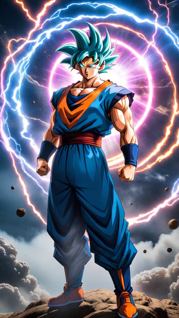  anime art: goku's spirit bomb gathering energy to potentially destroy a universe, inspired by dragon ball super. hyperrealistic, full body, detailed clothing, highly detailed, cinematic lighting, stunningly beautiful, intricate, sharp focus, f/1. 8, 85mm, (centered image composition), (professionally color graded), ((bright soft diffused light)), volumetric fog, trending on instagram, trending on tumblr, HDR 4K, 8K