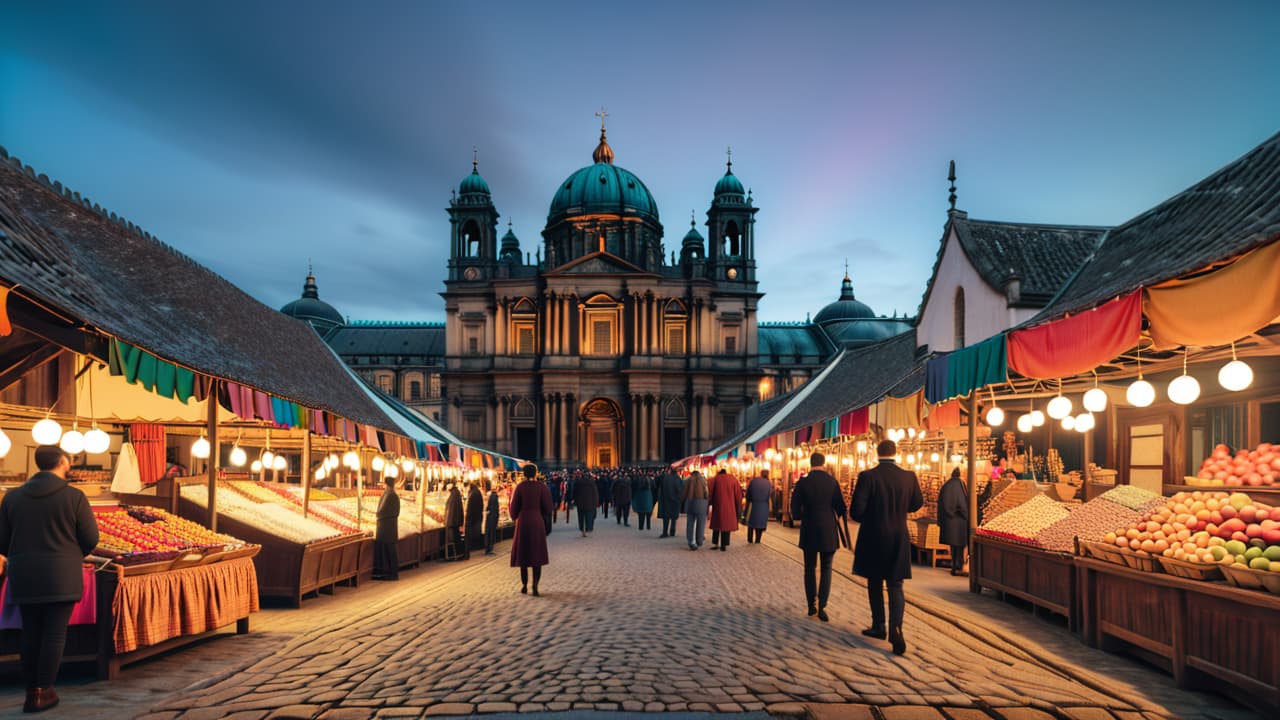  a vibrant market scene showcasing traditional crafts and local cuisine, with colorful stalls, artisans at work, and diverse tourists engaging with cultural performances amidst historic architecture in the background. hyperrealistic, full body, detailed clothing, highly detailed, cinematic lighting, stunningly beautiful, intricate, sharp focus, f/1. 8, 85mm, (centered image composition), (professionally color graded), ((bright soft diffused light)), volumetric fog, trending on instagram, trending on tumblr, HDR 4K, 8K