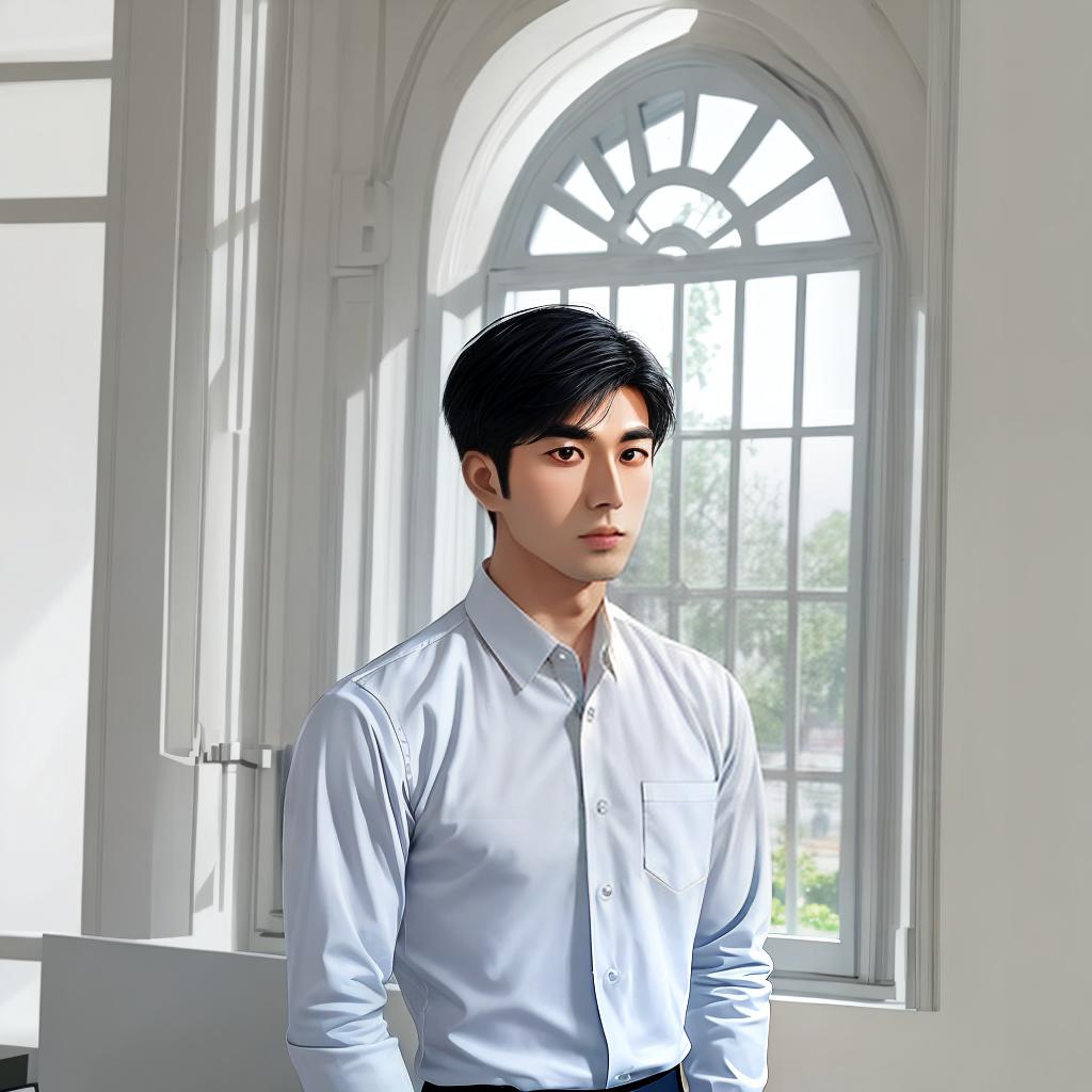  Asian male in office wearing white shirt standing in front of French window