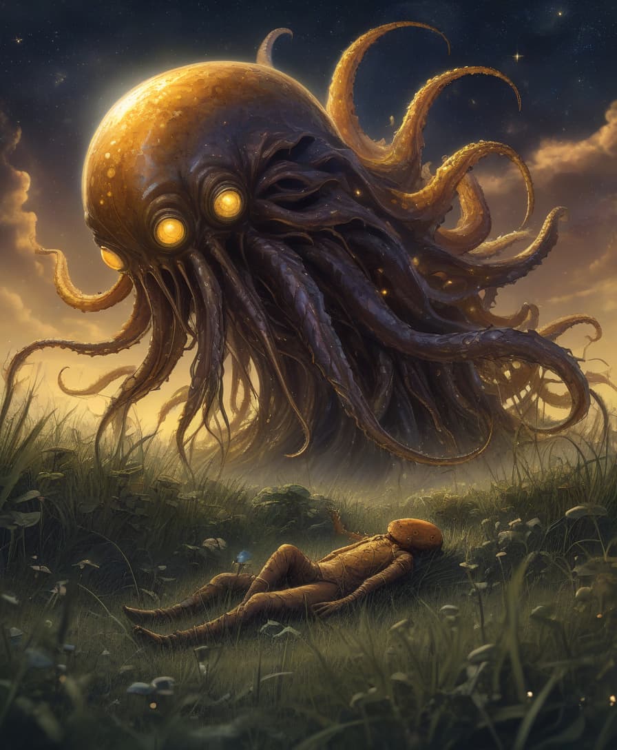  lovecraftian horror amber lies in the grass, an endless wasteland. starry sky . eldritch, cosmic horror, unknown, mysterious, surreal, highly detailed, hkmagic