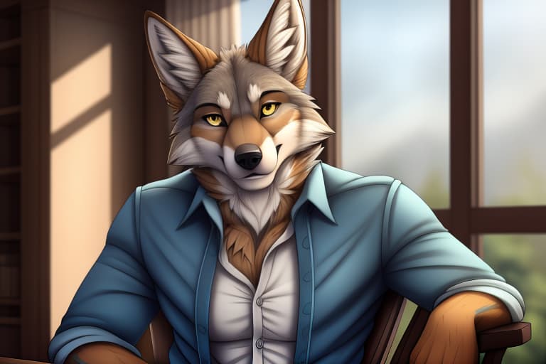  by Clyde wolf, absurd res, detailed, inside, anthro, canid, coyote, brown body, brown fur, blue fur, yellow eyes, on chair, looking at viewer, open shirt,, open eyes, digital art, masterpiece, 4k, fine details,