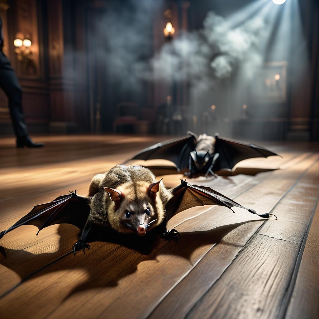  a in a bat tramples the feet of a man who lies on the floor hyperrealistic, full body, detailed clothing, highly detailed, cinematic lighting, stunningly beautiful, intricate, sharp focus, f/1. 8, 85mm, (centered image composition), (professionally color graded), ((bright soft diffused light)), volumetric fog, trending on instagram, trending on tumblr, HDR 4K, 8K