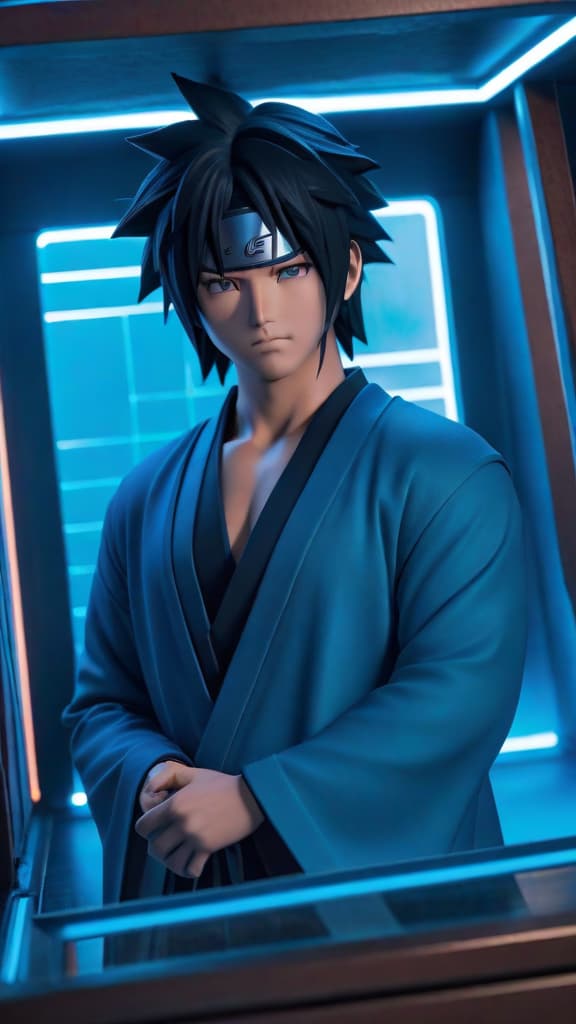  sasuke in a blue box hyperrealistic, full body, detailed clothing, highly detailed, cinematic lighting, stunningly beautiful, intricate, sharp focus, f/1. 8, 85mm, (centered image composition), (professionally color graded), ((bright soft diffused light)), volumetric fog, trending on instagram, trending on tumblr, HDR 4K, 8K