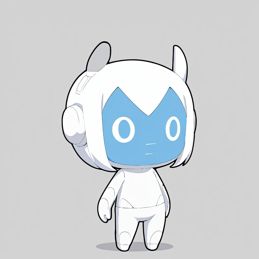  a white cute robot with blue face,a clean and crisp anime illustration with bold outlines, smooth shading,cell shaded, crisp ,flat colors, and a minimalistic background.