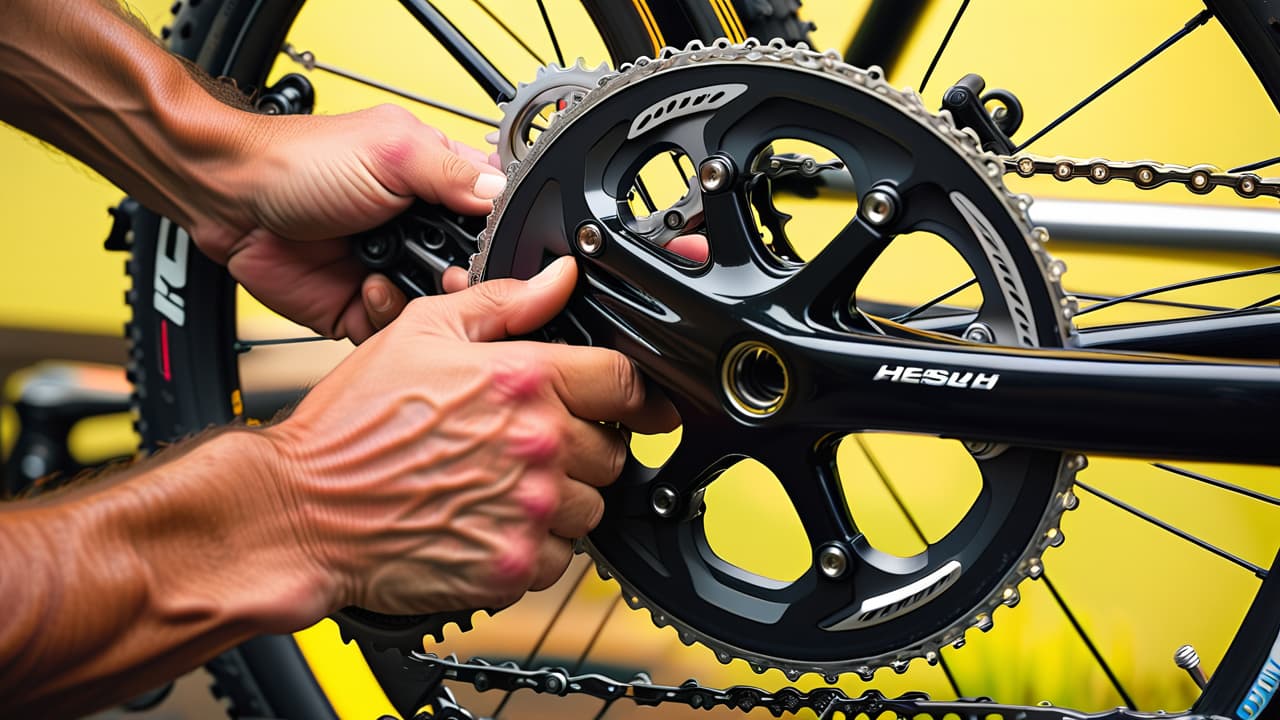  a close up of a bicycle mechanic's hands adjusting a bike chain, surrounded by tools like a wrench and lubricant, with a gleaming bicycle frame and vibrant tires in the background, conveying precision and care. hyperrealistic, full body, detailed clothing, highly detailed, cinematic lighting, stunningly beautiful, intricate, sharp focus, f/1. 8, 85mm, (centered image composition), (professionally color graded), ((bright soft diffused light)), volumetric fog, trending on instagram, trending on tumblr, HDR 4K, 8K