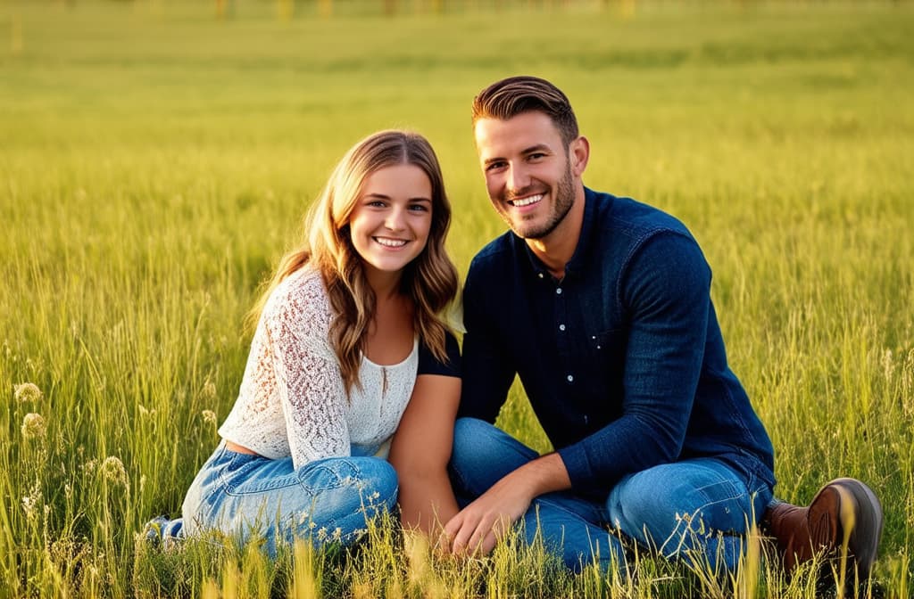  professional detailed photography, happy young family sitting on a meadow ar 3:2, (muted colors, dim colors, soothing tones), (vsco:0.3)