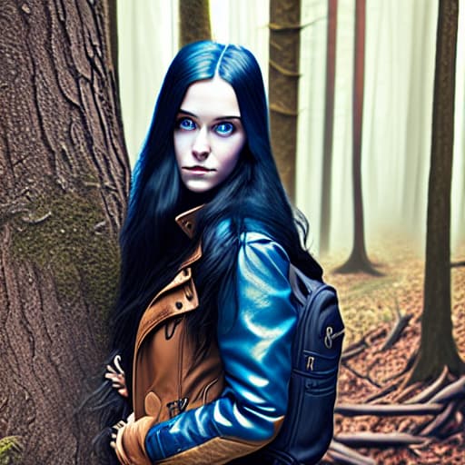  Young adult woman in the woods, long black hair, blue eyes, leather jacket with a backpack