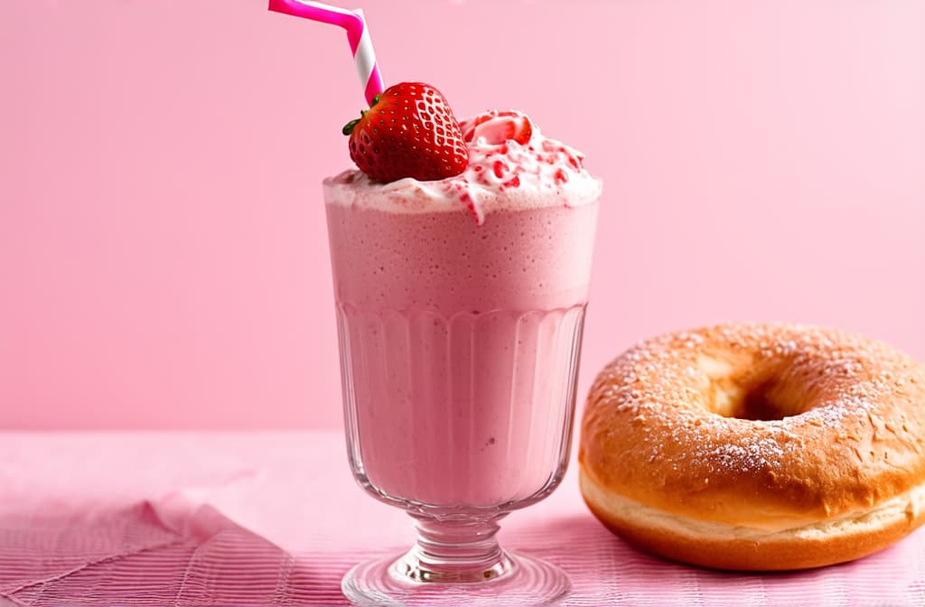  professional detailed photography, strawberry milkshake in a glass with a straw and a donut and pink glaze ar 3:2, (muted colors, dim colors, soothing tones), (vsco:0.3)