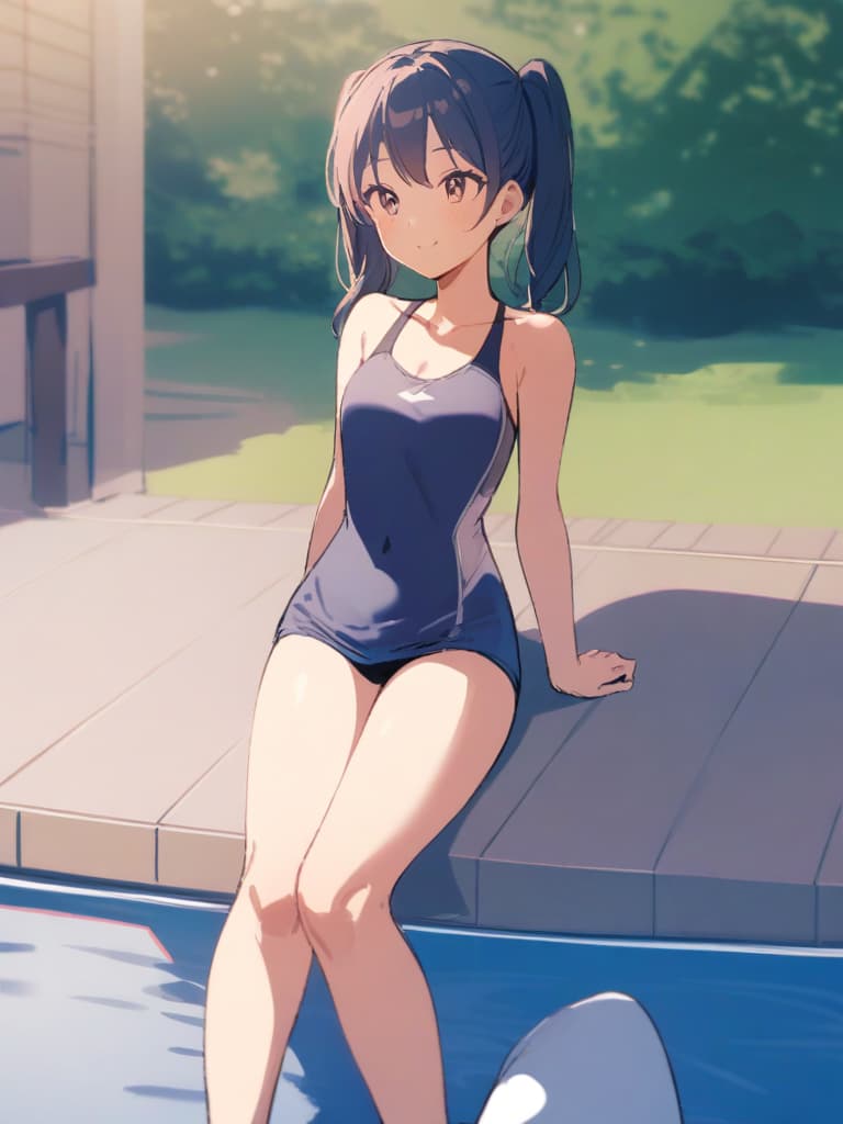  women's elementary students (male), twin tails, cute smiles, (rich s), short stature, dark blue swimwear, old swimwear, swimwear, simple, (upward), upward, (bulge), front, whole body, pool side ,,,