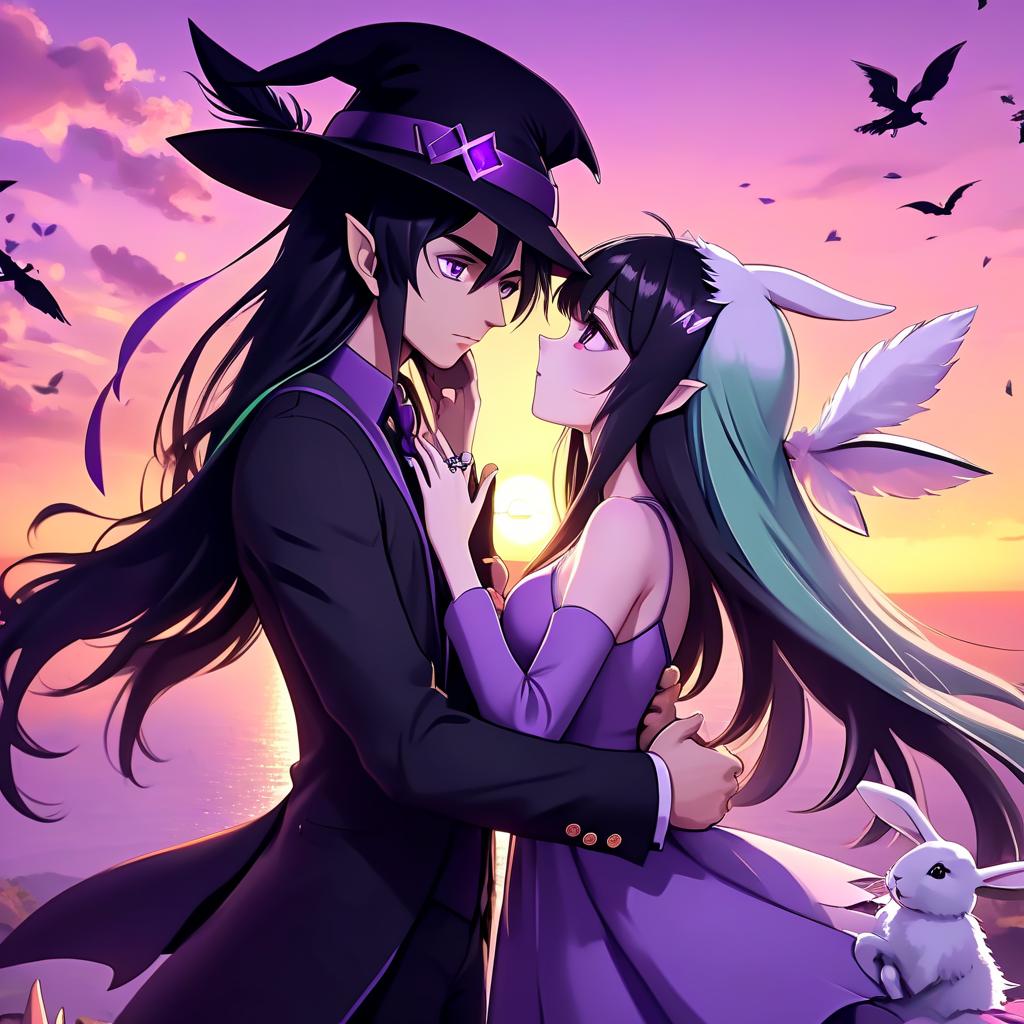  4k anime, girl witch and man elf, purple dress, black hat, light green suit, rabbits and white feather jewelry, black hair, sunset, romance, kiss, anime fiction 4k