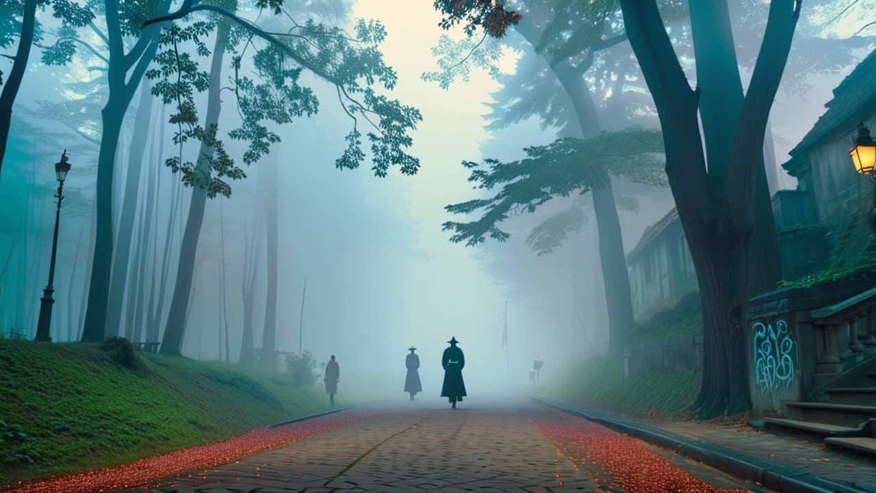  a split scene: on one side, a foggy forest with shadowy figures and ancient symbols representing myths; on the other, a bustling city street with graffiti and a mysterious figure whispering, embodying urban legends. hyperrealistic, full body, detailed clothing, highly detailed, cinematic lighting, stunningly beautiful, intricate, sharp focus, f/1. 8, 85mm, (centered image composition), (professionally color graded), ((bright soft diffused light)), volumetric fog, trending on instagram, trending on tumblr, HDR 4K, 8K