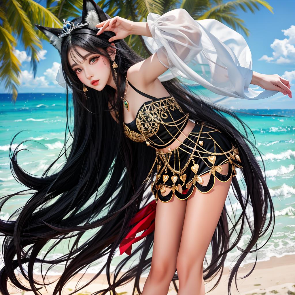  , body, , black hair, tiara, heart shaped pupils, fox ears, makeup, beach, border, pov, image modern, best quality, accurate photo realistic, highly intricate and detailed, masterpiece, ultra high res,photography,8k resolution