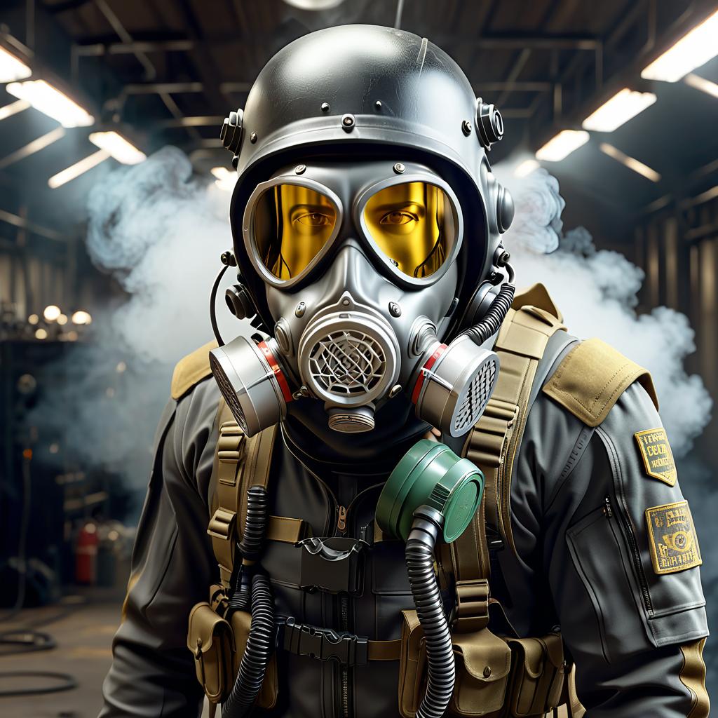  professional 3d model solder with gas mask . octane render, highly detailed, volumetric, dramatic lighting, film photography style hyperrealistic, full body, detailed clothing, highly detailed, cinematic lighting, stunningly beautiful, intricate, sharp focus, f/1. 8, 85mm, (centered image composition), (professionally color graded), ((bright soft diffused light)), volumetric fog, trending on instagram, trending on tumblr, HDR 4K, 8K