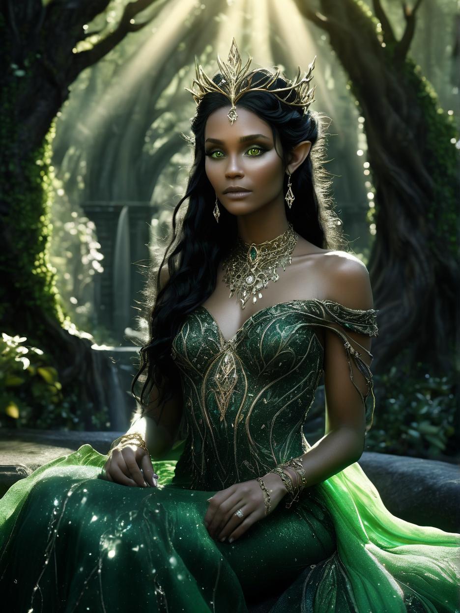  digital artwork of an elven lady sitting in front of a fountain inside a dense fantasy forest. she wares an intricate crystallized green dress made from metals and diamonds with translucient parts. she has long stylish flowing black hair. she has beautiful eyes with dark makeup. she is adorned with golden jewelry like bracelets, choker and a tiara, reflecting the sunlight. she is surrounded by fireflies giving the image a magical and epic feel to it.