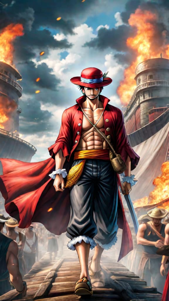  anime art: shanks from one piece bets his arm on luffy's future, seeing him as the next pirate king. hyperrealistic, full body, detailed clothing, highly detailed, cinematic lighting, stunningly beautiful, intricate, sharp focus, f/1. 8, 85mm, (centered image composition), (professionally color graded), ((bright soft diffused light)), volumetric fog, trending on instagram, trending on tumblr, HDR 4K, 8K