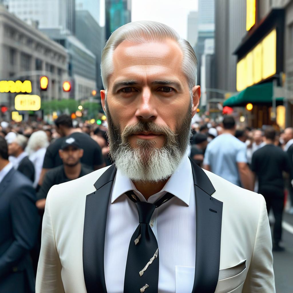  a in a transparent beard, a sharp body, a of 3 sizes, white hair, an american, a nice face, white eyes, a professional photograph, 4k, in a crowd, a megapolis street, perfecteyes, film photography style hyperrealistic, full body, detailed clothing, highly detailed, cinematic lighting, stunningly beautiful, intricate, sharp focus, f/1. 8, 85mm, (centered image composition), (professionally color graded), ((bright soft diffused light)), volumetric fog, trending on instagram, trending on tumblr, HDR 4K, 8K