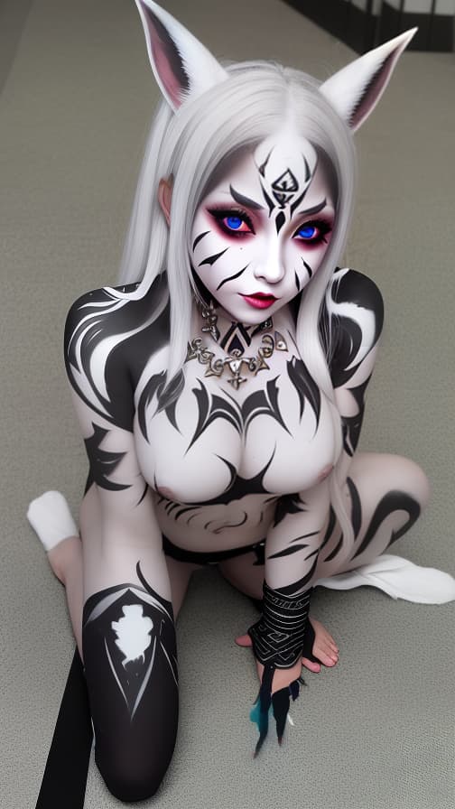  White bat pattern body paint in every corner of the body, Blark body paint all over the body, Grey face paint on the face, Two dark elf sisters, full body image 女性