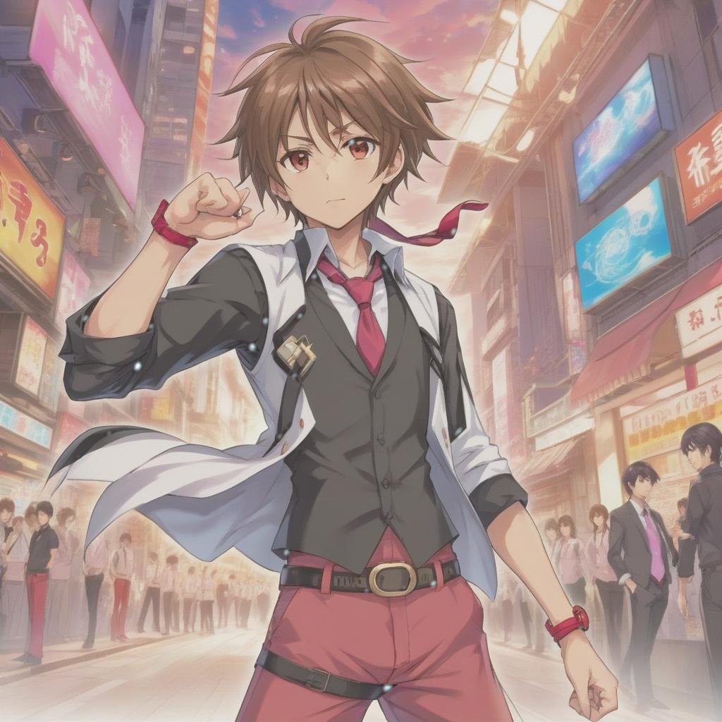  anime artwork a young pumped wide shouldered man of about thirty with long, slightly disheveled brown hair with rare bristles and an expression of mild fatigue or brooding on his face. his eyes are brown, with slightly reddened eyelids adding a bit of frown. he is dressed in stylish, slightly eccentric clothes: a white vest with black details over a black shirt with rolled up sleeves, red pants with a belt and accessories. a pink tie is untied on the neck, which gives the image carelessness. hands without fingers and a bandage on one of the wrists. the overall style is a mixture of informal and glamorous image, with an emphasis on details and accessories. . anime style, key visual, vibrant, studio anime, highly detailed