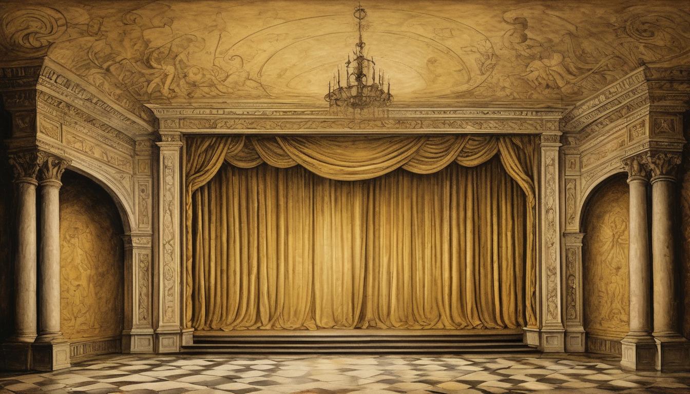  on parchment, surrealism++, a grand, ornate stage, golden curtains, empty seats, applause echoing faintly in an empty hall, fleeting, insubstantial, transient(mysterious, provocative, symbolic)++