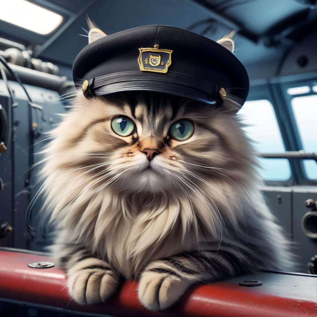  siberian cat in a black cap on a submarine