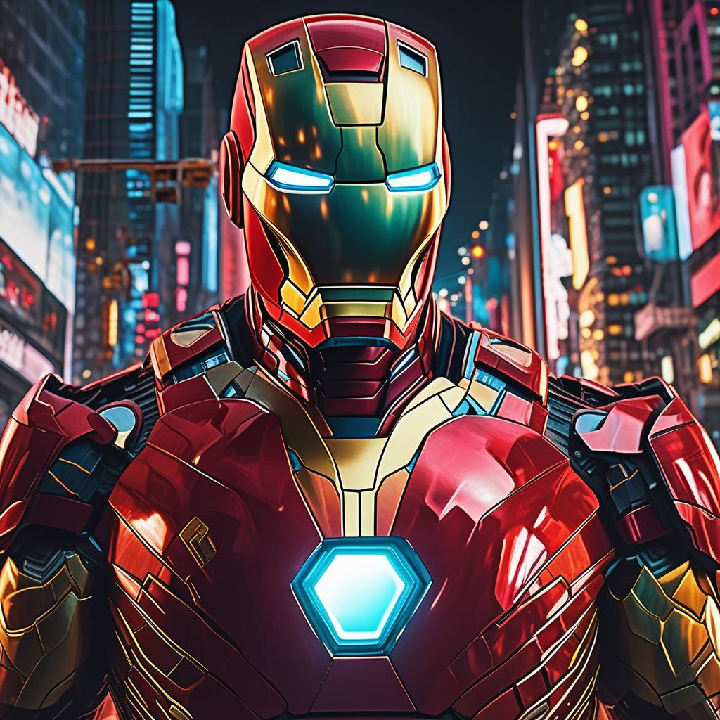  masterpiece, best quality, masterpiece, 8k resolution, realistic, highly detailed, Iron Man close-up. He stands on a street lined with tall buildings in a cyberpunk style city at night. The city's night lights are bright, and the surrounding buildings and streets are full of cyberpunk elements such as neon lights, high-tech equipment and futuristic architectural design.