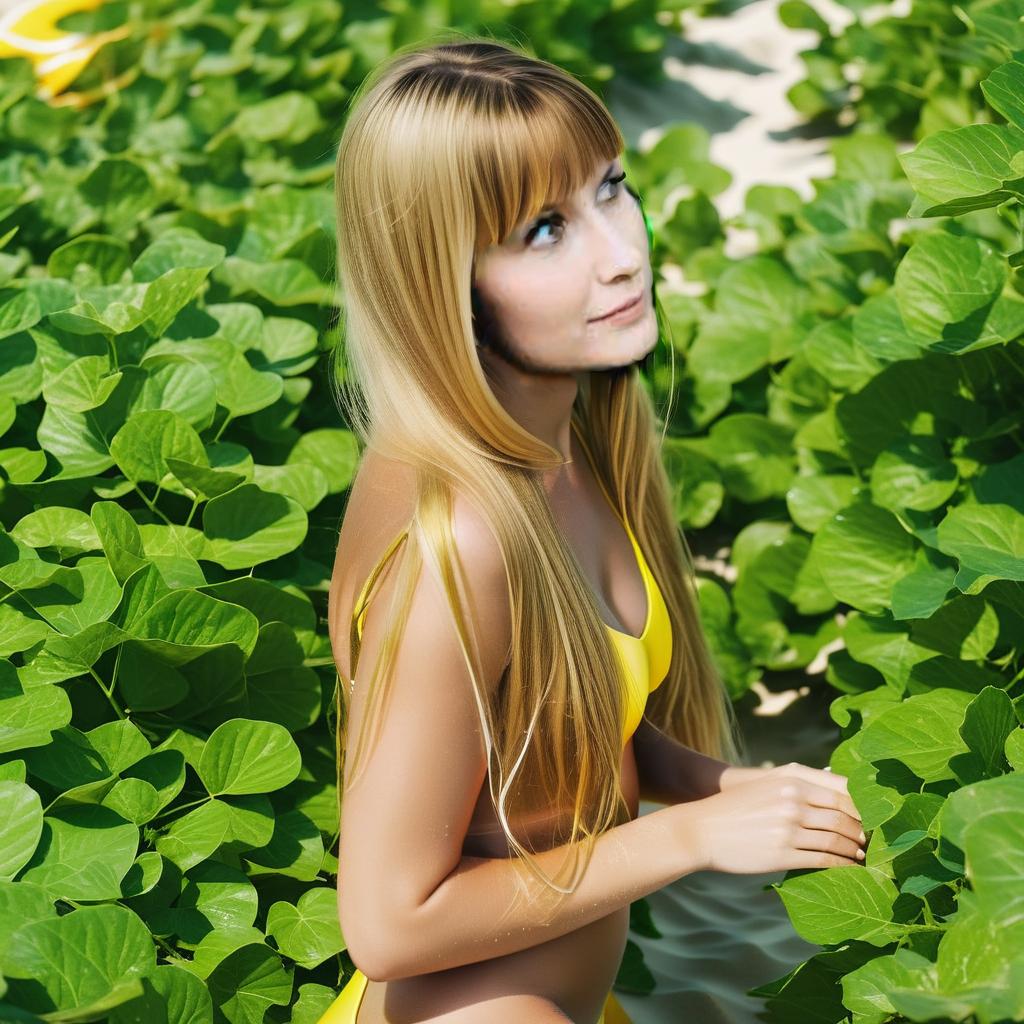  in the background is the (sea:1.4) and white sea sand, blondy long hair, dressed in (closed yellow swimming suit), maximum detail, maximum quality, specular lighting, shallow depth of field, smooth, cinematic film still