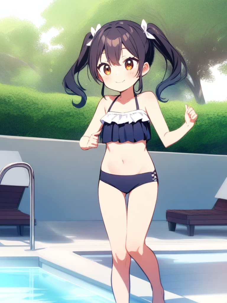  junior high s, twin tails, cute smiles, swimwear, s, clear, male (bulging), whole body, pool side,