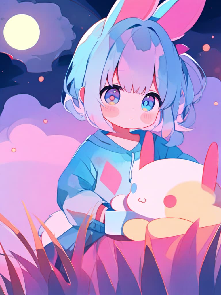  masterpiece,(pink,light blue,white,pastel watercolor style:2.0),(full moon night:1.5)(silver grass:1.7),(cute rabbit:1.7),high resolution,8k