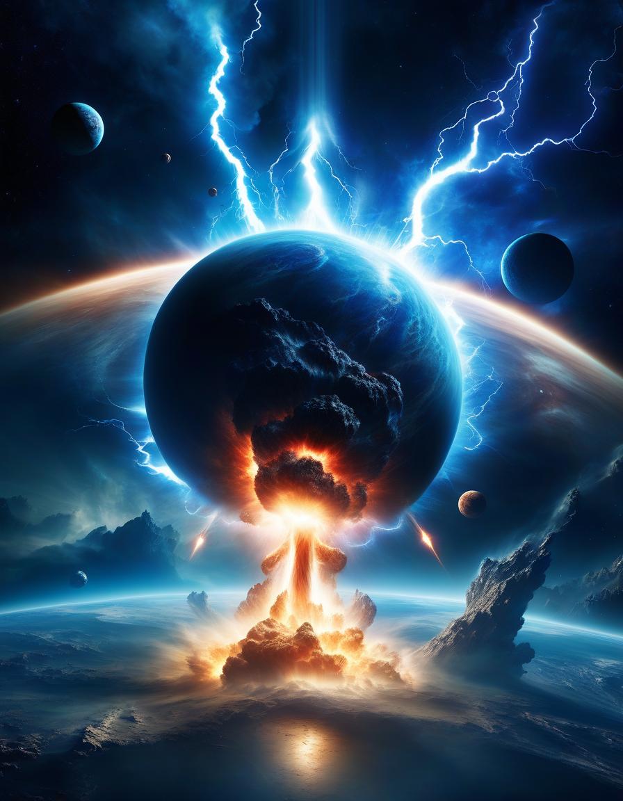  book cover: the explosion of a planet against the background of space and nebulae. the confrontation water and blue lightning.