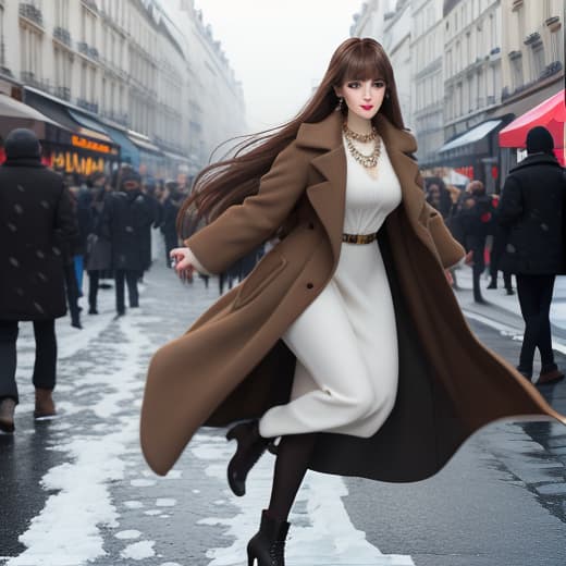  youth,1girl,looking at viewer, full body,jewelry, necklace, realistic, brown hair, blurry background, blurry,bangs, black eyes,paris,fashion,peoples in background, winter coat, dynamic pose, motion blur, warm sun,winter,snow, hyperrealistic, full body, detailed clothing, highly detailed, cinematic lighting, stunningly beautiful, intricate, sharp focus, f/1. 8, 85mm, (centered image composition), (professionally color graded), ((bright soft diffused light)), volumetric fog, trending on instagram, trending on tumblr, HDR 4K, 8K