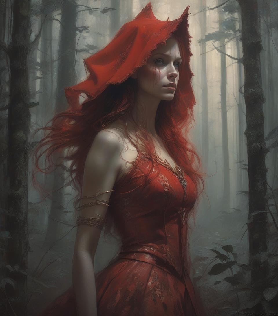  close up shot of red riding good as a warrior princess in the dangerous forest, at night, low saturation color photography, vintage, grunge, top light, masterful painting in the style of anders zorn | marco mazzoni | yuri ivanovich, todd mcfarlane, aleksi briclot, oil on canvas