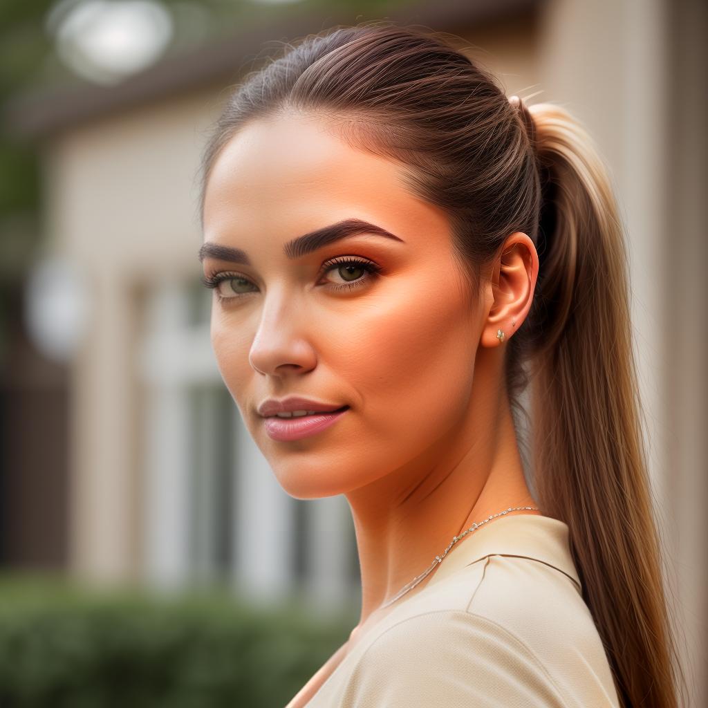  (((realistic full torso frontal head shot of a light beige to medium tan skin tone woman))), freya penelope schmitt, ((caucasian heritage)), immature face, brown eye color, ((ponytail hair style)), (( hair color)), (( body type)), small size, small size, (immature straight broad nose), (immature soft cheeks), (immature smooth jawline), (immature thin lips), (immature medium forehead), (immature even eyebrows), (immature rounded chin), standing straight looking directly into the camera,((wearing fitted polo shirt with deep v neck and monogrammed pocket)), backyard in background, 1girl, best quality, highest quality, award winning photo, masterpiece, raw, professional photography, photorealism, sharp focus, cine hyperrealistic, full body, detailed clothing, highly detailed, cinematic lighting, stunningly beautiful, intricate, sharp focus, f/1. 8, 85mm, (centered image composition), (professionally color graded), ((bright soft diffused light)), volumetric fog, trending on instagram, trending on tumblr, HDR 4K, 8K