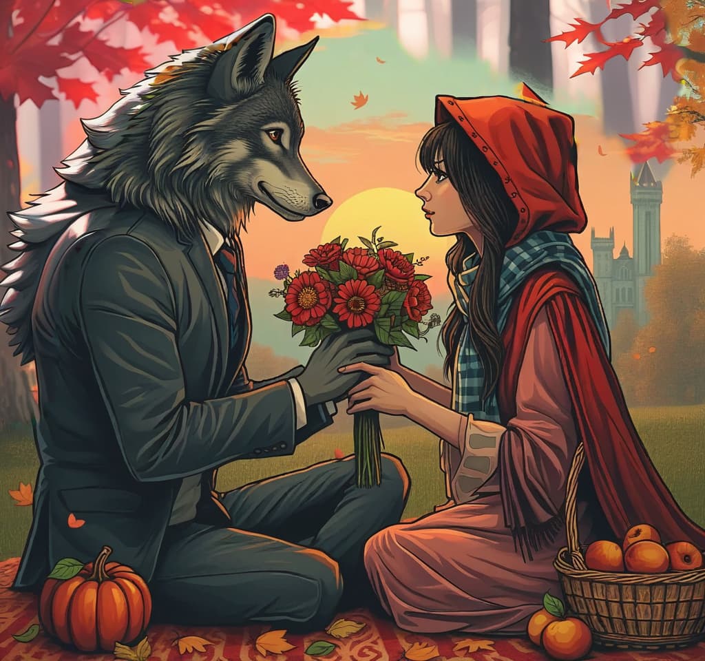  (black ink drawing in dark fantasy style, double exposure:1.5). a gray wolf in a trendy suit holds out a bouquet of asters and maple leaves to a cute business woman, red riding hood, (eye to eye look:1.5). (romantic date, picnic on a patterned blanket on the gr:1.3). (gentle look, love, excitement:1.4). a basket with ripe apples and pears. (striped scarf:1.4), comfort and idyll. (a huge intricate carriage with patterned doors in the shape of a magical orange pumpkin in the distance in the background:1.6). (landscape of an autumn park with an ancient tower:1.4). (falling autumn colorful leaves, sunset:1.3), a carpet of autumn rustling leaves, warm colors, fabulous motifs, fantasy elements, detailed trees and benches. in the s