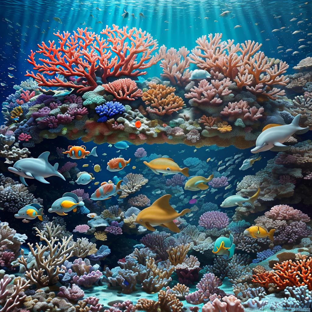  masterpiece, best quality, Most Beautiful in deep sea teeming with vibrant corals, diverse marine life, and enchanting underwater landscapes, full of corals, acrophore, small fishes, anemones, dolphin, various algaes, caves, colorful,all captured in stunning 8k resolution with intricate details.