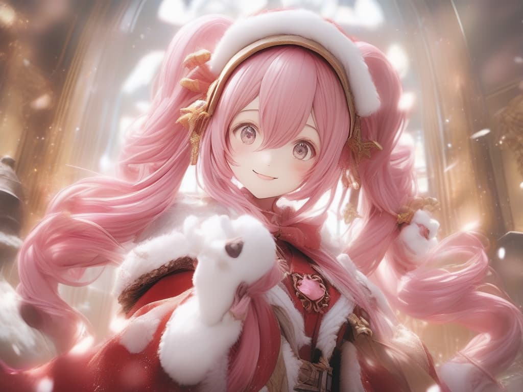  santa cosplay twin tails pink hair color, smile, masterpiece, best quality,8k,ultra detailed,high resolution,an extremely delicate and beautiful,hyper detail