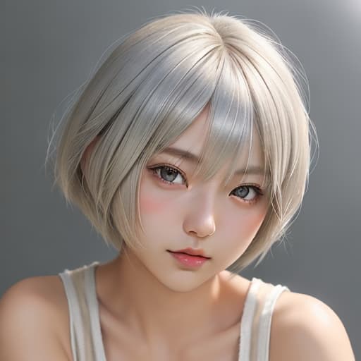  cute japanese girl face, cute short hair, light blonde and silver bob cut hairstyle, black sleeveless top, delicate makeup, cool style, natural lighting, photo realistic in the style of realistic.