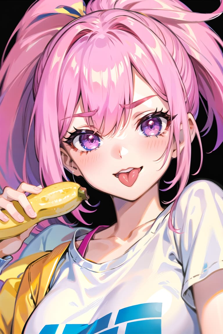  r 18, , middle , pink haired ,ponytail,large eyes,t shirts, , tongue,A woman,A woman, with a mischievous glint in her eye, holds banana suggestively, her tongue king out to the sweet treat.