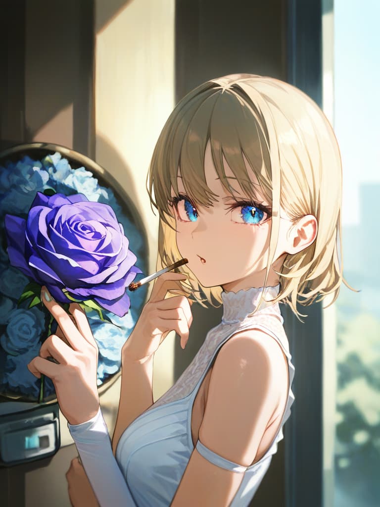  headphones, whole body, blue eyes, blonde bob cut s, white pleated s, white sailor uniforms, s who smoke spider nest on the left arm, with purple rose on the left , squeeze tobacco, smoke, masterpiece, best quality,8k,ultra detailed,high resolution,an extremely delicate and beautiful,hyper detail