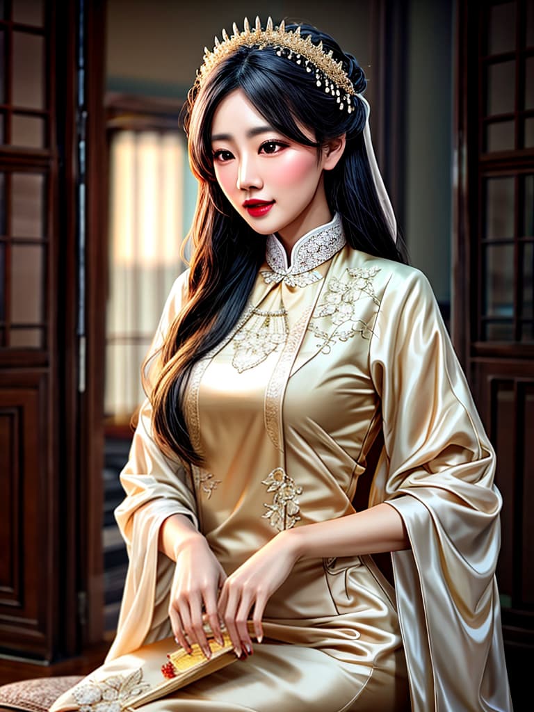  beige qipao, jasmine flower, slightly tied hair, lace, light and thin gauze, a slight smile, at night, antique fragrance hyperrealistic, full body, detailed clothing, highly detailed, cinematic lighting, stunningly beautiful, intricate, sharp focus, f/1. 8, 85mm, (centered image composition), (professionally color graded), ((bright soft diffused light)), volumetric fog, trending on instagram, trending on tumblr, HDR 4K, 8K