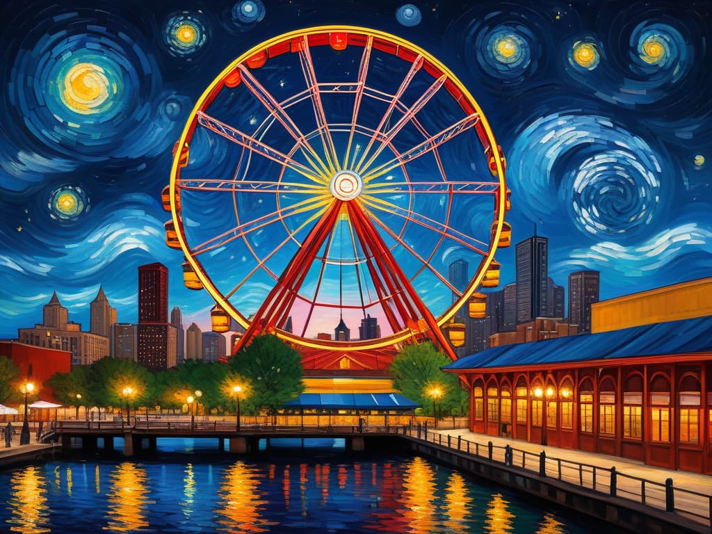  concept art chicago’s centennial ferris wheel, chicago’s navy pier, van gogh's starry starry night with colorful red and orange swirls in the beautiful night sky, chicago skyline with colorful van gogh swirls in the sky, hyper realistic, chicago skyline, mesmerizing, intricate details, flambient golden and red sunrise, dramatic lighting, epic composition, wide angle, cinematic, masterpiece, high resolution, sharp details, best quality, 4k, raw photo, van gogh influence, studio lighting, impressionist, bold colors, starry sky, architectural elements, medium format lens, high angle, cityscape, city life, metropolitan, van gogh's brushstrokes, van gogh's shadows, van gogh's colors, van gogh's textures, nighttime, city scene, streets, night