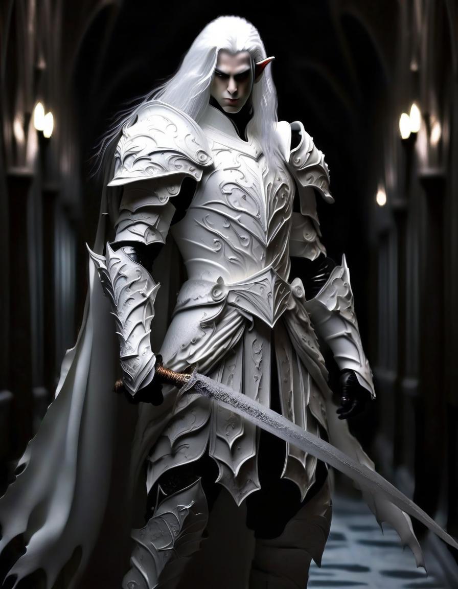  macabre style a noble white elf with black hair. in white leather openwork armor, white leather shoulder pads, white leather elbow pads, with a long sword in his hand, standing in a dark hall. . dark, gothic, grim, haunting, highly detailed, perfecteyes, perfect hands