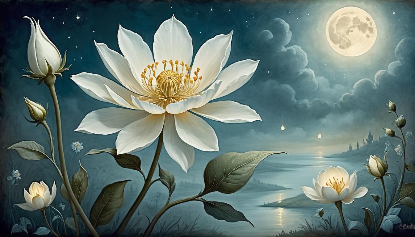  on parchment, surrealism+++, a blooming flower under moonlight, soft petals, gentle glow, natural, serene, inherent beauty(mysterious, provocative, symbolic,muted color)+++