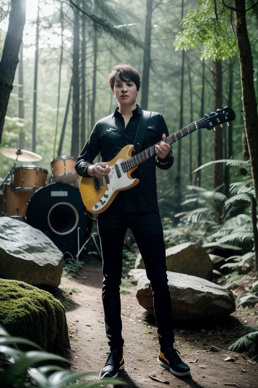  rock band man in the forest, advertising photo,high quality, good proportion, masterpiece , the image is captured with an 8k camera