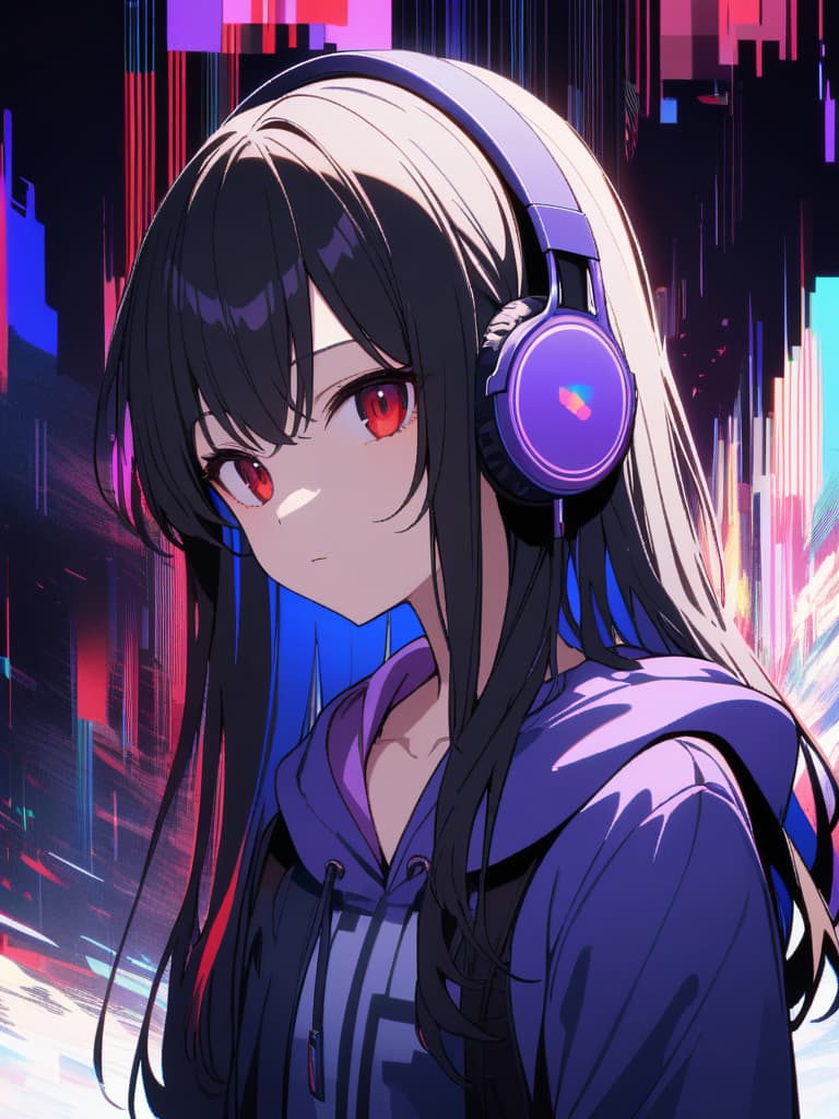  ((headphones,long hair,purple headphones,black hair,cool,handsome girl,beautiful girl,purple hoodie,red eyes,glitch,bug,mosaic art,dark hair,inside the screen,bisho))、ultra detailed,best shadow,cute and beautiful face,(masterpiece:1.2),(best quality:1.2),detailed background,high contrast,(best illumination,an extremely delicate and beautiful),((cinematic light)),hyper detail,dramatic light,intricate details,8k,anime,very aesthetic、三白眼、イケメン、((coolness: 1.5,good looking guy,cool girl))