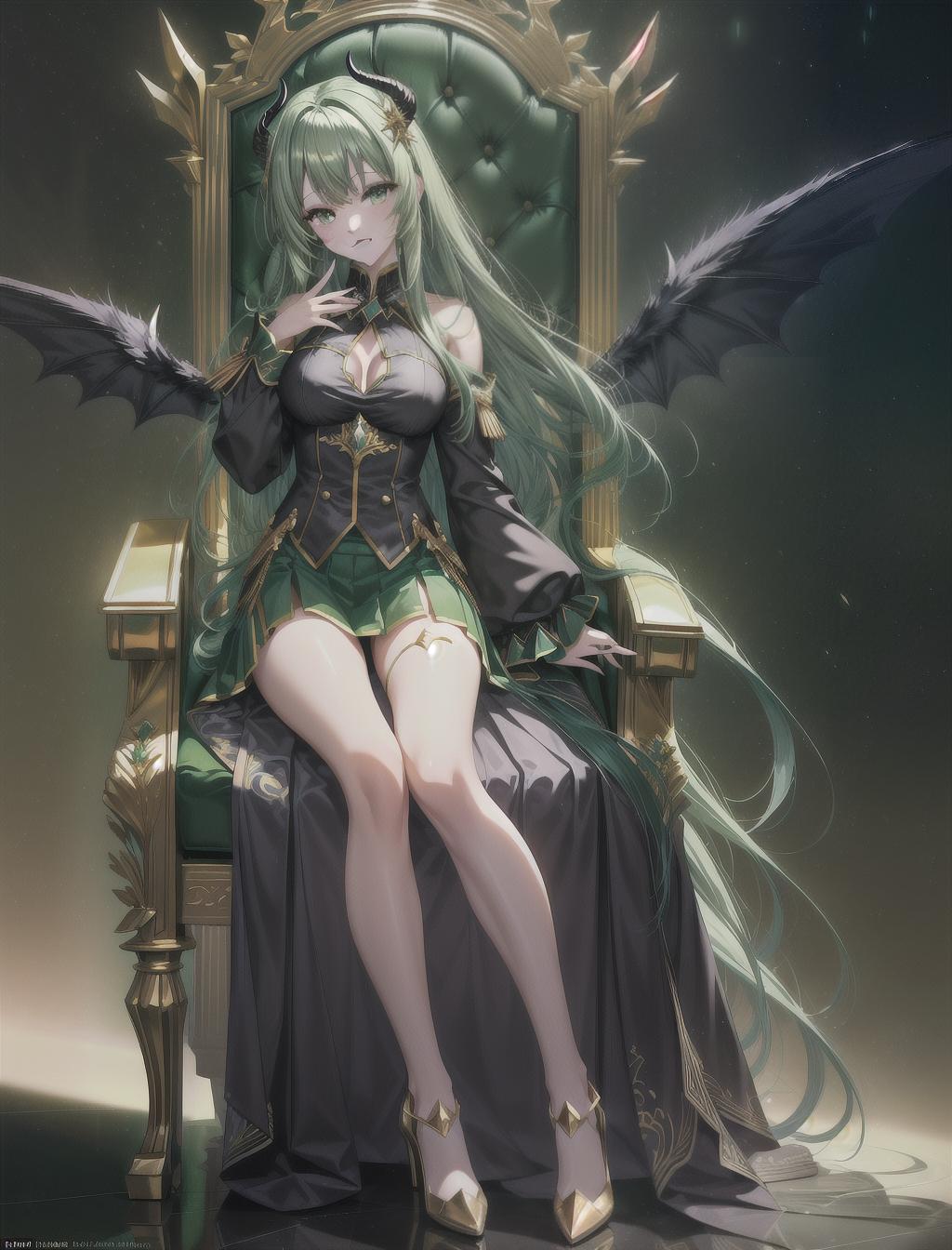  masterpiece, best quality, solo, thin, elegant, sharp features, long fingers resembling claws, cold green eyes, light green tied long hair, adorned with golden pins, black thigh high heels, skirt, demon wings, tattoos, gold accessories, smiling, throne