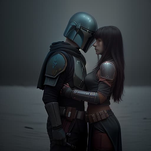  mandalorian with a girl., slate atmosphere, cinematic, dimmed colors, dark shot, muted colors, film grainy, lut, spooky