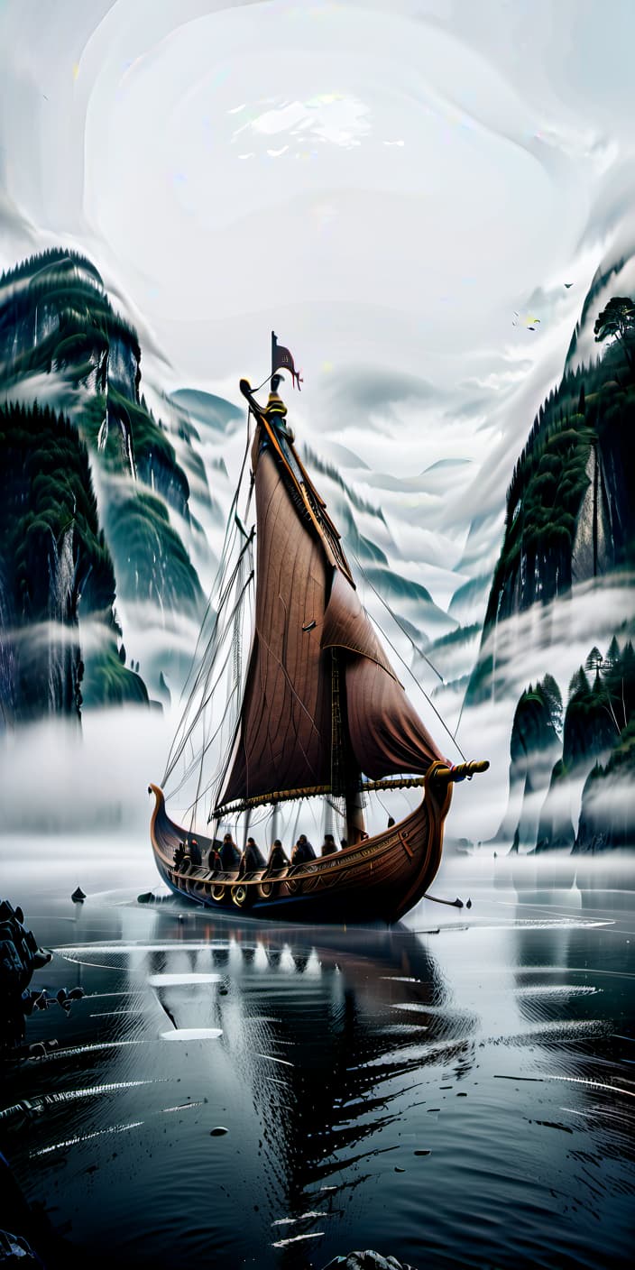  a viking style boat sails into the fog. the atmosphere is calm and gloomy, civitai