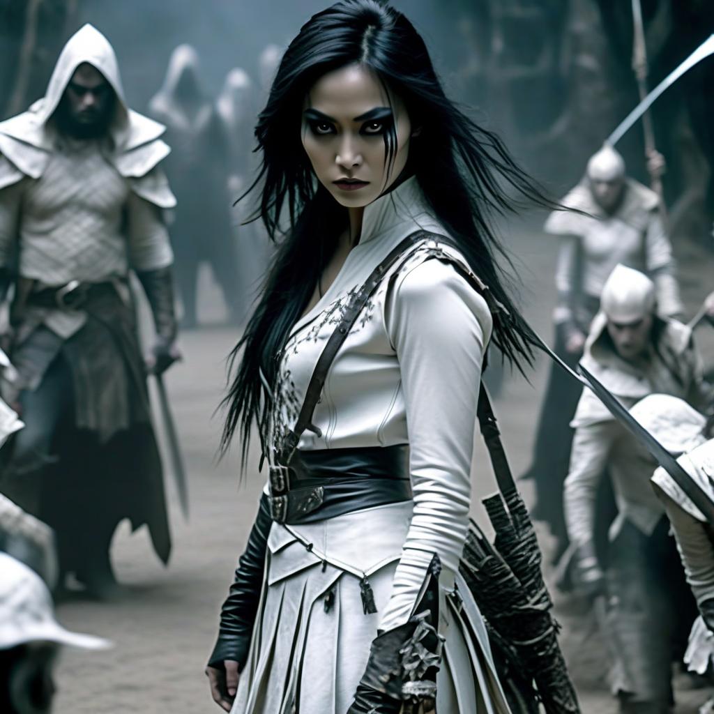  macabre style film actress fei ren in the form of the queen of elves of a thief fighter in a variety of white leather skirts in full height. . dark, gothic, grim, haunting, highly detailed, perfecteyes, perfect hands