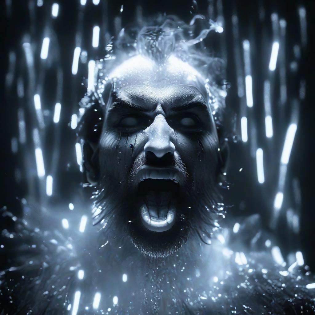  a black and white picture of a man with his mouth open, phonk album cover, by grytė pintukaitė, grunged up, unbearable anxiety, underground party, persephone, merged, breakdown, displacement, glowneon hyperrealistic, full body, detailed clothing, highly detailed, cinematic lighting, stunningly beautiful, intricate, sharp focus, f/1. 8, 85mm, (centered image composition), (professionally color graded), ((bright soft diffused light)), volumetric fog, trending on instagram, trending on tumblr, HDR 4K, 8K